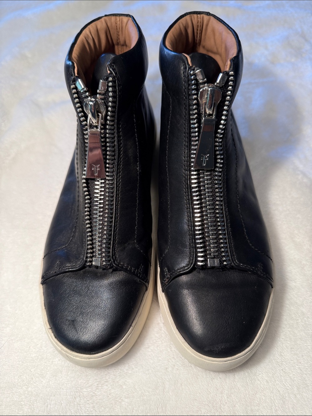 Frye Lena Black Leather Front-Zip High Top Sneakers with Cream Soles